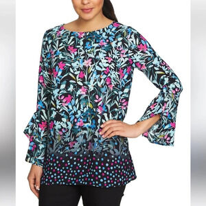 CHAUS New York Blue Floral Long Bell Sleeve Top Size XL
